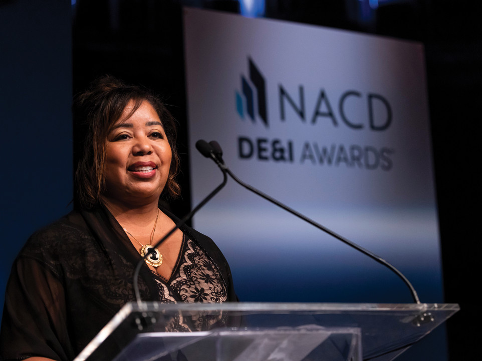 President and CEO Veta T. Richardson accepts the award in the “Nonprofit Organization” category on behalf of  the Association of Corporate Counsel at the 2022 NACD DE&I Awards Gala.