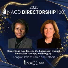 Photos of Karen and Ester on a blue background with gold confetti reading 2025 NACD Directorship 100, with congraulatory remarks