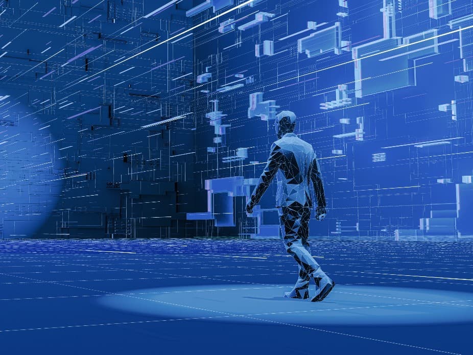 Digital figure in a blue data network symbolizing AI oversight and board governance
