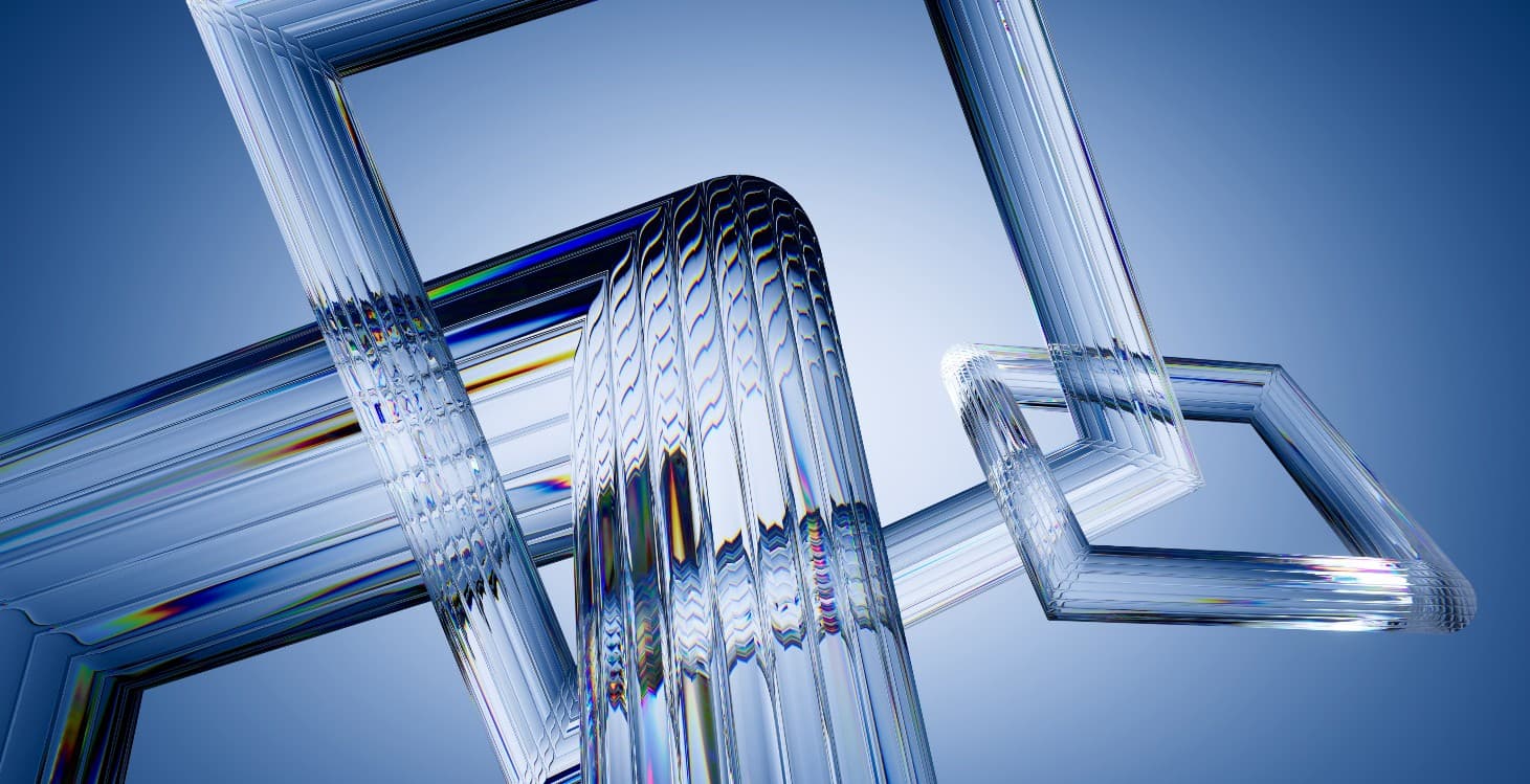 Abstract digital artwork featuring transparent, interlocking glass structures that symbolize the complex, interconnected nature of cybersecurity oversight and systemic resilience.